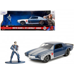 1973 Chevrolet Camaro Dark Blue Metallic with Gray Stripes and Winter Soldier Diecast Figure 