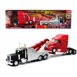 Peterbilt 379 Tow Truck Black with Peterbilt 387 Truck Tractor Red Set of 2 pieces 1/32 Diecast Model by New Ray