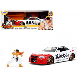 2002 Nissan Skyline GT-R (R34) RHD (Right Hand Drive) White with Red Graphics and Ryu Diecast Figure 