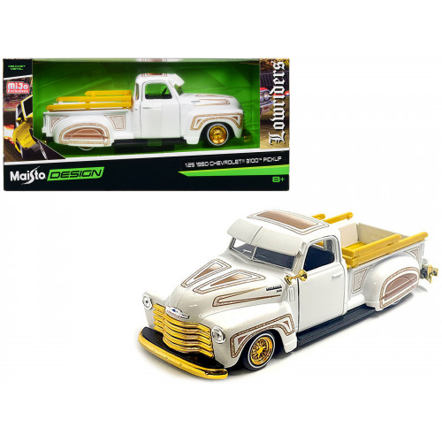 1950 Chevrolet 3100 Pickup Truck Lowrider White with Graphics and Gold Wheels 