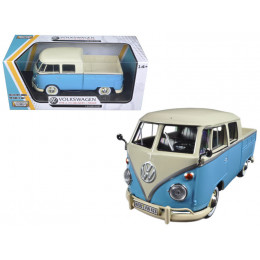 Volkswagen Type 2 (T1) Double Cab Pickup Truck Light Blue and Cream 1/24 Diecast Model Car by Motormax