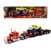 Peterbilt 379 Truck with Lowboy Trailer Red with Orange Flames and Monster Truck Yellow with Blue Flames