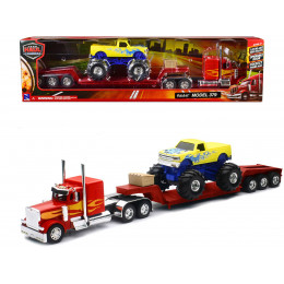 Peterbilt 379 Truck with Lowboy Trailer Red with Orange Flames and Monster Truck Yellow with Blue Flames 
