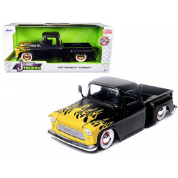 1955 Chevrolet Stepside Pickup Truck Matt Black with Yellow Flames 