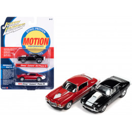 1969 Chevrolet Camaro ZLX Phase III Black with White Stripes and 1973 Chevrolet Camaro Phase III Medium Red and White 