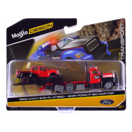 1953 Mack B-61 Flatbed Truck Red with Black and 2021 Ford F-150 Raptor Pickup Truck Red and Black 
