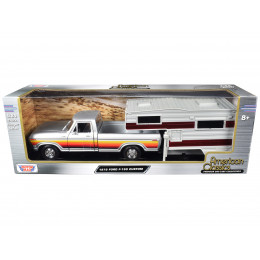 1979 Ford F-150 Custom Pickup Truck Silver Metallic with Side Stripes with Camper Shell 