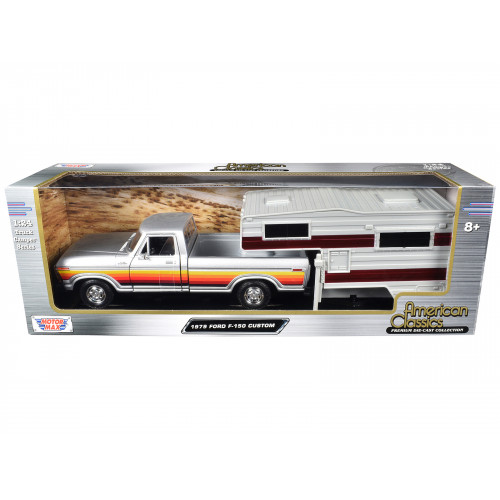 1979 Ford F-150 Custom Pickup Truck Silver Metallic with Side Stripes with Camper Shell 