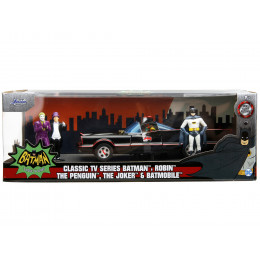 1966 Classic Batmobile with Diecast Batman The Joker The Penguin and Plastic Robin Sitting Inside The Car 