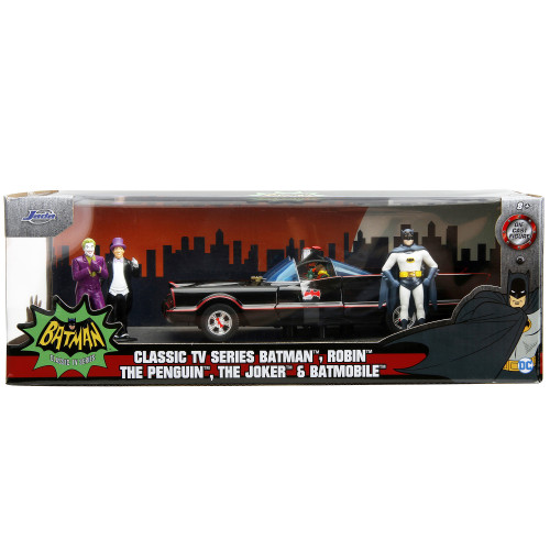 1966 Classic Batmobile with Diecast Batman The Joker The Penguin and Plastic Robin Sitting Inside The Car 