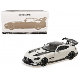 2021 Mercedes-Benz AMG GT Black Series White Metallic with Black Top and Hood Stripes 1/18 Diecast Model Car by Minichamps
