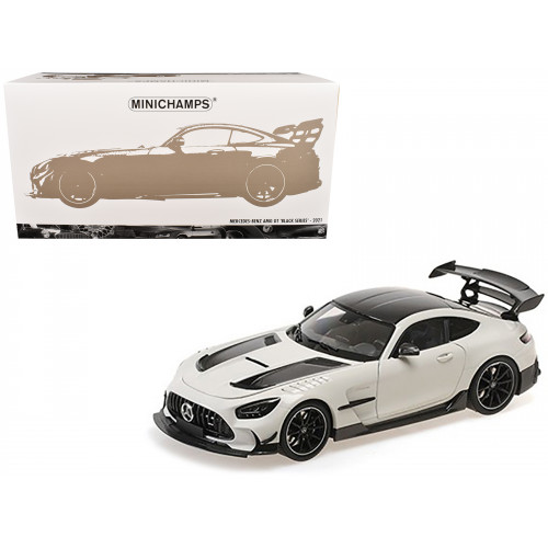 2021 Mercedes-Benz AMG GT Black Series White Metallic with Black Top and Hood Stripes 1/18 Diecast Model Car by Minichamps