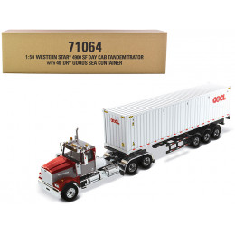Western Star 4900 SF Tandem Day Cab Truck Tractor Red and Gray with 40' Dry Goods Sea Container 