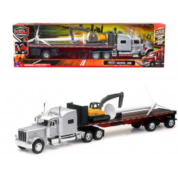 Peterbilt 389 Truck with Flatbed Trailer Silver Metallic with Excavator and Wind Turbine 