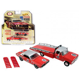 Ford F-350 Ramp Truck with 1967 Mercury Trans Am Cougar #15 Parnelli Jones Red with Silver Top 