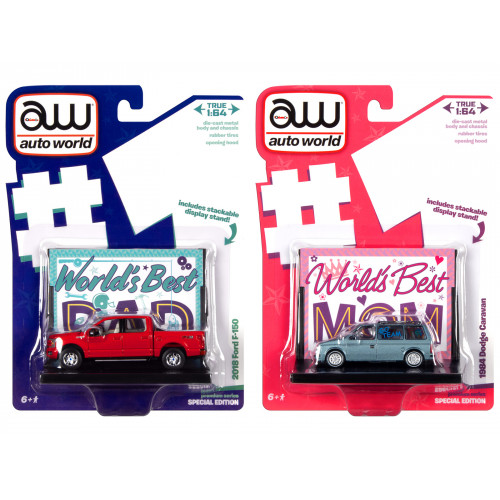 2018 Ford F-150 Pickup Truck Red and 1984 Dodge Caravan Minivan Blue Metallic 