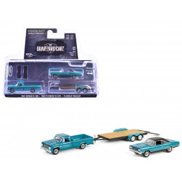 1969 Plymouth GTX Turquoise Metallic and 1967 Dodge D-200 Pickup Truck Turquoise Metallic with Flatbed Trailer 