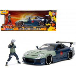 1993 Mazda RX-7 Dark Blue with Green Hood and Kakashi Hatake Diecast Figure 
