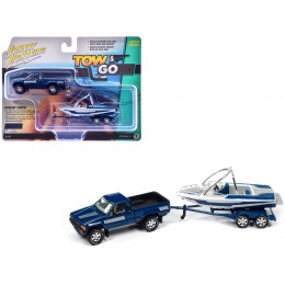 1985 Toyota SR5 Pickup Truck Dark Blue with Graphics and Boat with Trailer Limited Edition 