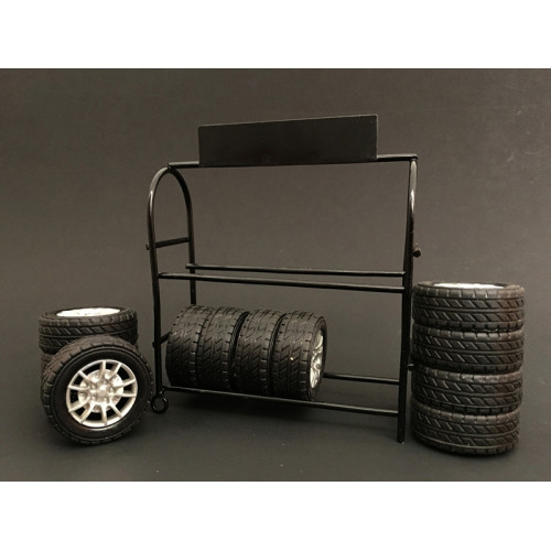 Metal Tire Rack with Rims and Tires for 1/18 Scale Models by American Diorama