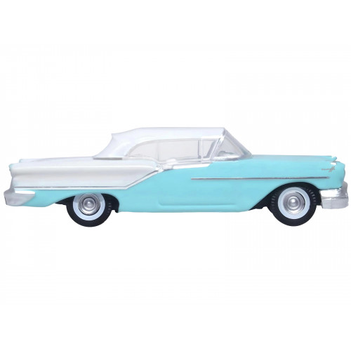 1957 Oldsmobile 88 Convertible (Top-Up) Banff Blue and Alcan White with White 1/87 (HO) Scale Diecast Model Car by Oxford Diecast