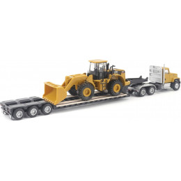 CAT Caterpillar CT681 Day Cab Tractor Yellow with Lowboy Trailer and CAT 950G Wheel Loader Yellow 1/87 (HO) Diecast Model by Diecast Masters