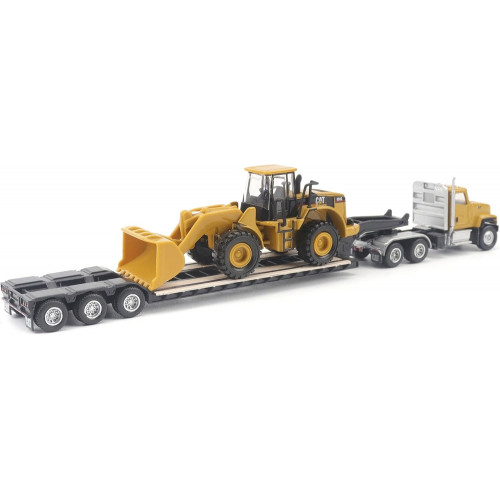 CAT Caterpillar CT681 Day Cab Tractor Yellow with Lowboy Trailer and CAT 950G Wheel Loader Yellow 1/87 (HO) Diecast Model by Diecast Masters