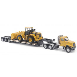 CAT Caterpillar CT681 Day Cab Tractor Yellow with Lowboy Trailer and CAT 950G Wheel Loader Yellow 1/87 (HO) Diecast Model by Diecast Masters